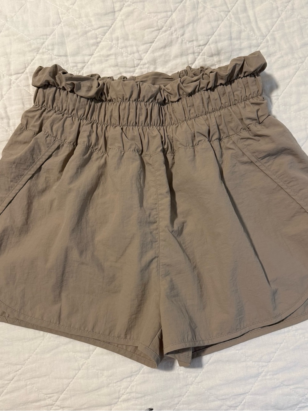 Zenana Outfitters High-Ruffle Elastic Nylon Waist Shorts - Taupe